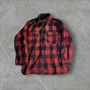 Vintage Pilgrim Flannel Shirt Mens 15.5 Red Black Plaid Wool‎ 1940s Sanforized